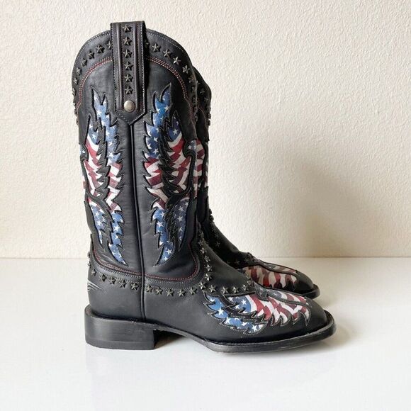 Lane OLD GLORY Mens Cowboy Boots 9 Square Toe Black Leather Biker Boots Western - Picture 3 of 14